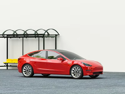 Red Car Parked By Bus Stop With Yellow Bench And Green Shelter 3d model