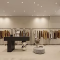 Modern Clothing Store Interior With Clothing Racks Stylish Clothes Fitting Room And Display Counter