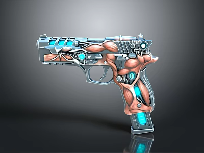 Futuristic Sci Fi Pistol With Blue Glowing Accents And Metallic Muscle Texture 3d model
