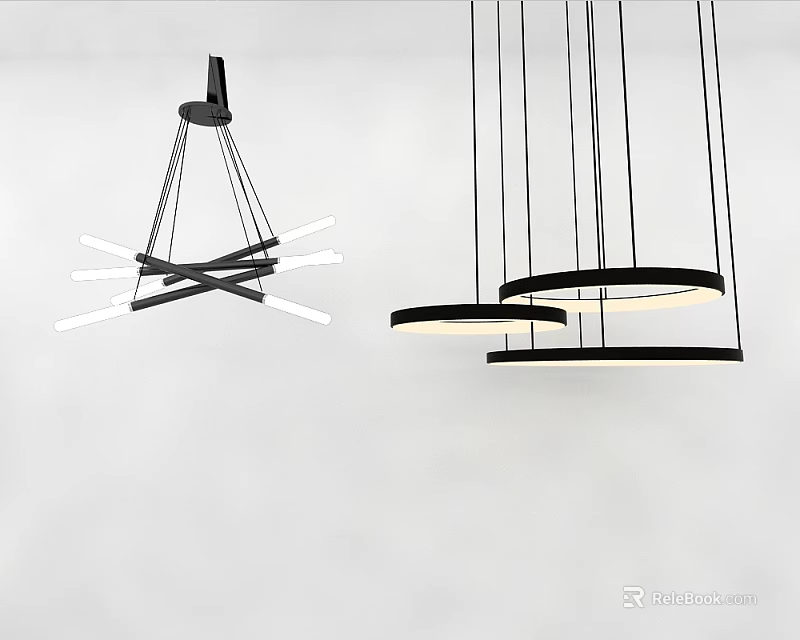 Modern Pendant Chandeliers Featuring Black Cross Frame White Tubes And Circular Black Line Hanging Design 3d model 