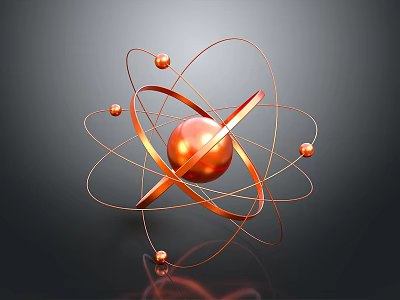 Copper Atomic Structure Model With Central Sphere Orbiting Rings And Small Spheres On Dark Background 3d model