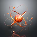 Copper Atomic Structure Model With Central Sphere Orbiting Rings And Small Spheres On Dark Background