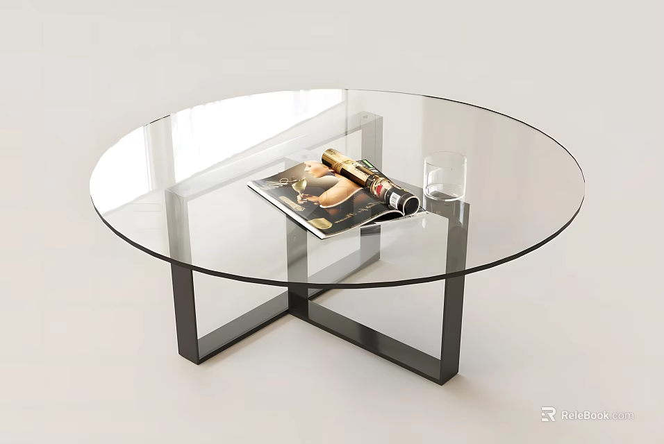 Round Glass Top Coffee Table With Black Metal Frame And Magazine 3d model 