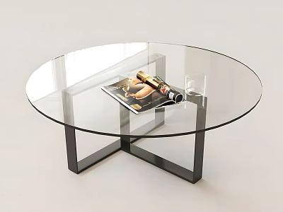Round Glass Top Coffee Table With Black Metal Frame And Magazine 3d model