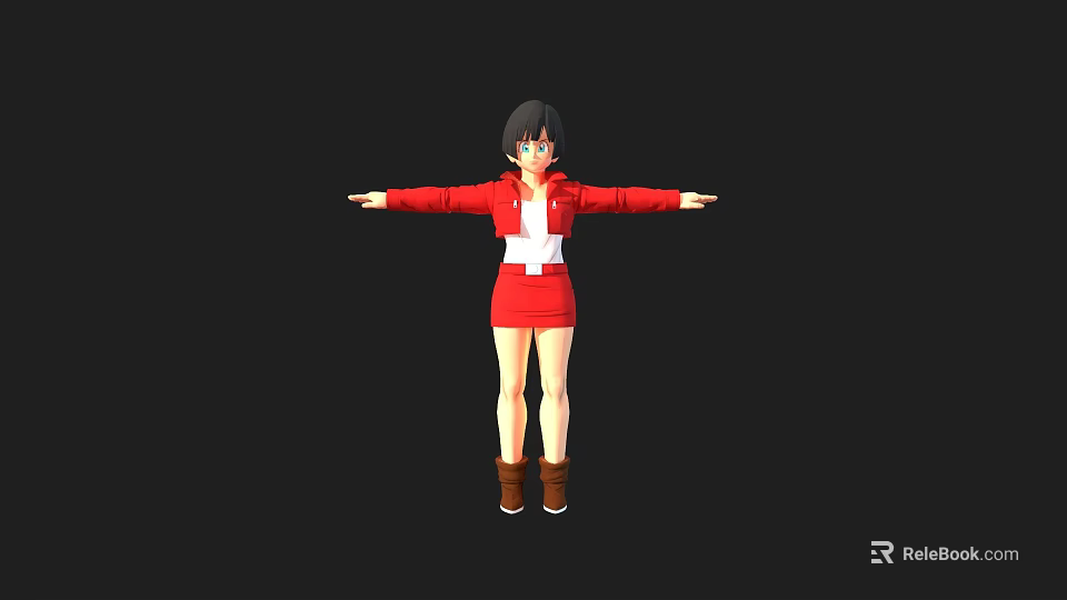 Game Movie Character With Short Black Hair Red Outfit White Cross Brown Boots Arms Outstretched 3d model 