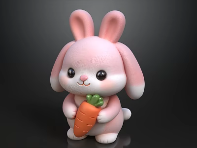 Cute Pink Rabbit Doll Holding Fresh Carrot On Black Background 3d model