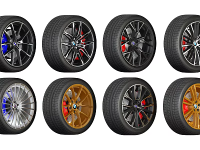 Stylish Car Tires Featuring Alloy Wheels Black Gold Silver Red Brake Calipers And Variety Design 3d model