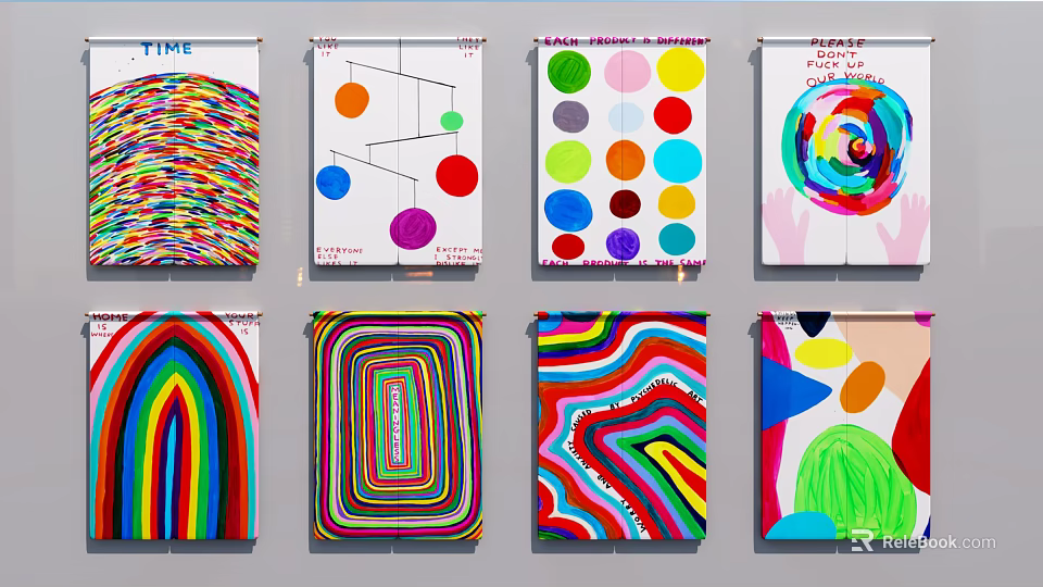 Colorful Abstract Curtains With Geometric Circles Rainbow And Striped Patterns 3d model