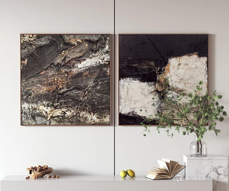 Modern Interior With Abstract Paintings Green Plant Open Book Fruits And Marble Countertop 3d model 