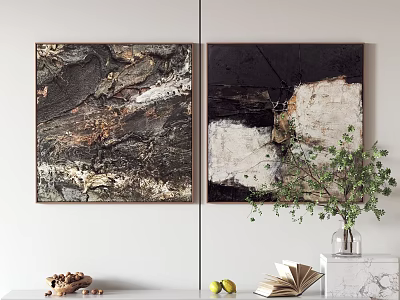 Modern Interior With Abstract Paintings Green Plant Open Book Fruits And Marble Countertop 3d model