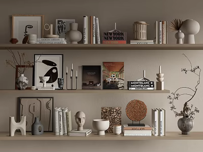 Stylish Decorative Ornament Set With Framed Art Books Vases And Sculptures On Shelves 3d model