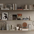 Stylish Decorative Ornament Set With Framed Art Books Vases And Sculptures On Shelves