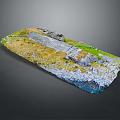 Natural Landscape 3D Terrain Model Featuring Undulating Grassland Rocks And Water Area