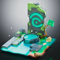 Mini Garden Ornament With Water Fountain Stone Wall Steps Green Plants And Spiral Pattern