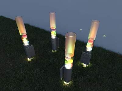 Illuminated Outdoor Lights with Cylindrical Transparent Poles Black Bases and Colorful Spheres on Green Grass 3d model