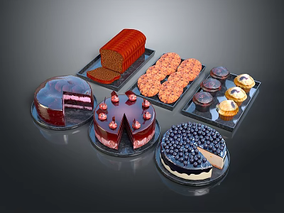 Delicious Assorted Desserts With Chocolate Cake Bread Cookies And Blueberry Pastry 3d model