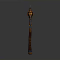 Mythical Battle Axe With Ornate Design Blue Glowing Gem Golden Accents And Brown Wooden Handle