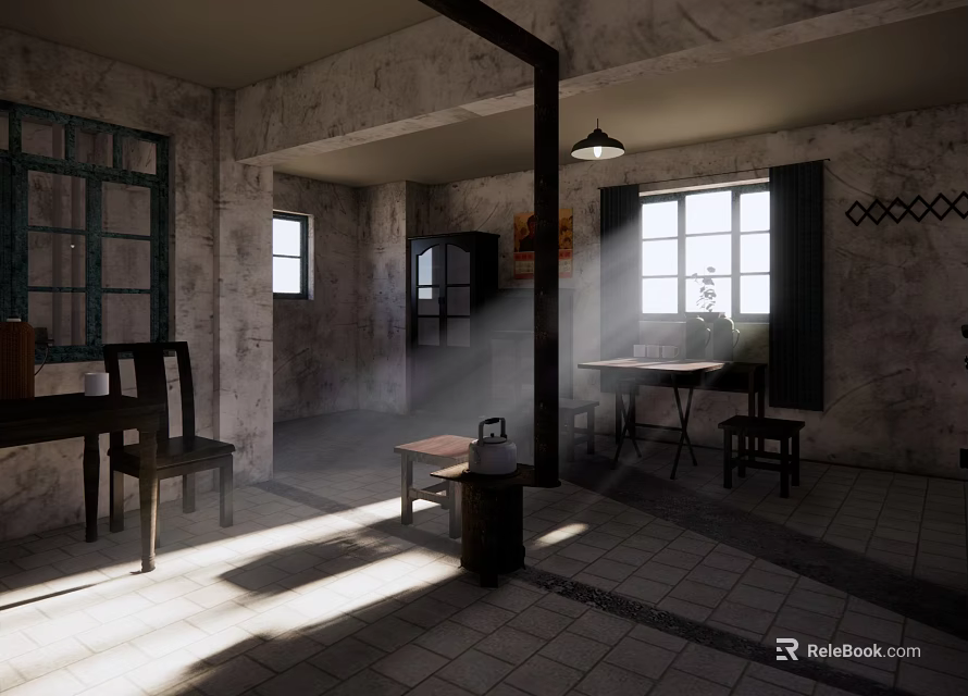 Rural Self built House Interior With Tables Chairs Windows Sunlight And Tile Flooring 3d model 