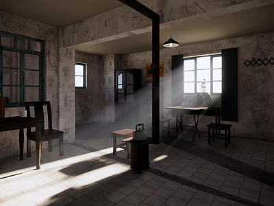 Rural Self built House Interior With Tables Chairs Windows Sunlight And Tile Flooring 3d model