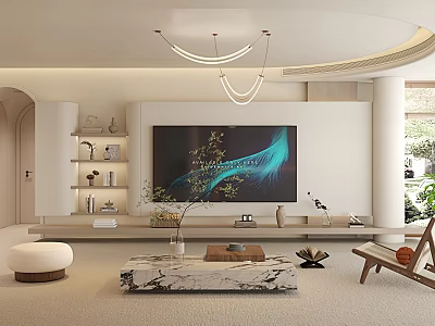 Modern Living Room Interior With Large TV Marble Coffee Table Chandelier And Decorative Shelves 3d model