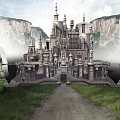 Cartoon Scene Featuring Fantasy Castle In Valley With Grass Trees Cliffs And Cloudy Sky