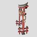 Traditional Red Torii Gate With Decorative Beam Hanging Lanterns And Rope Decorations