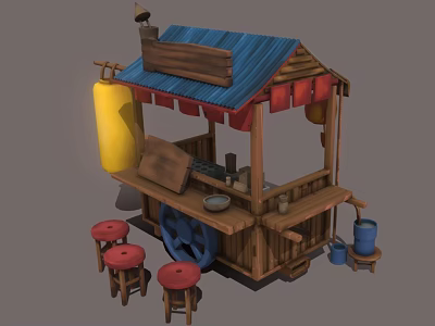 Wooden Commercial Food Stall Equipment With Blue Roof Red Awnings Red Stools And Grill 3d model