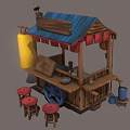 Wooden Commercial Food Stall Equipment With Blue Roof Red Awnings Red Stools And Grill