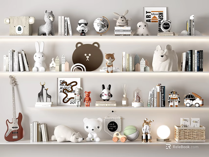 Decorative Ornament Combination With Bear Rabbit Figurines Books Globe Lamp And Shelf Decor 3d model 