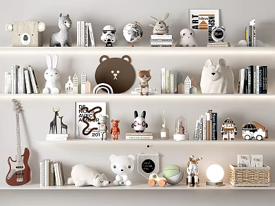 Decorative Ornament Combination With Bear Rabbit Figurines Books Globe Lamp And Shelf Decor 3d model