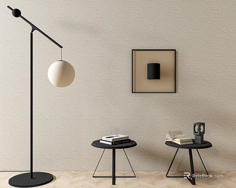 Modern Minimalist Side Tables With Books Decorative Items And Floor Lamp Near Wall Art 3d model 