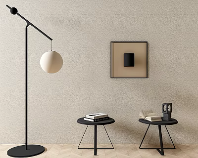 Modern Minimalist Side Tables With Books Decorative Items And Floor Lamp Near Wall Art 3d model