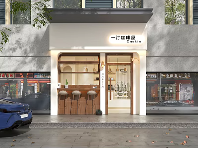 Modern Cafe Storefront With Glass Doors Signage And Street View Elements 3d model