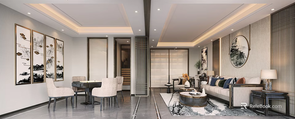 Basement Interior Design With Sofa Coffee Table Staircase And Modern Area Rug 3d model