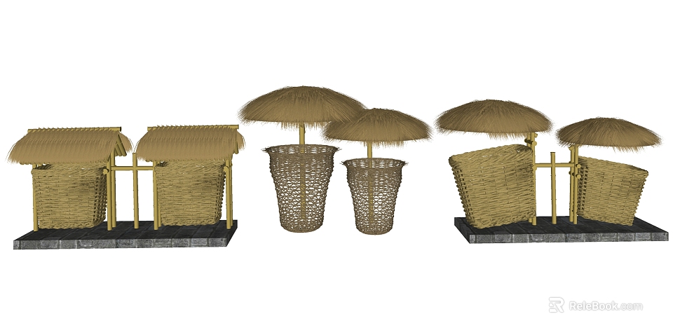 Public Facilities In Outdoor Recreational Area With Straw Umbrellas And Woven Basket Containers 3d model 