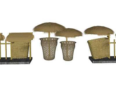 Public Facilities In Outdoor Recreational Area With Straw Umbrellas And Woven Basket Containers 3d model