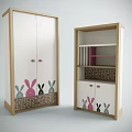 Single Bed with Bunny Pattern Headboard Wooden White Wardrobe Bookshelf and Nightstand Pink Accents