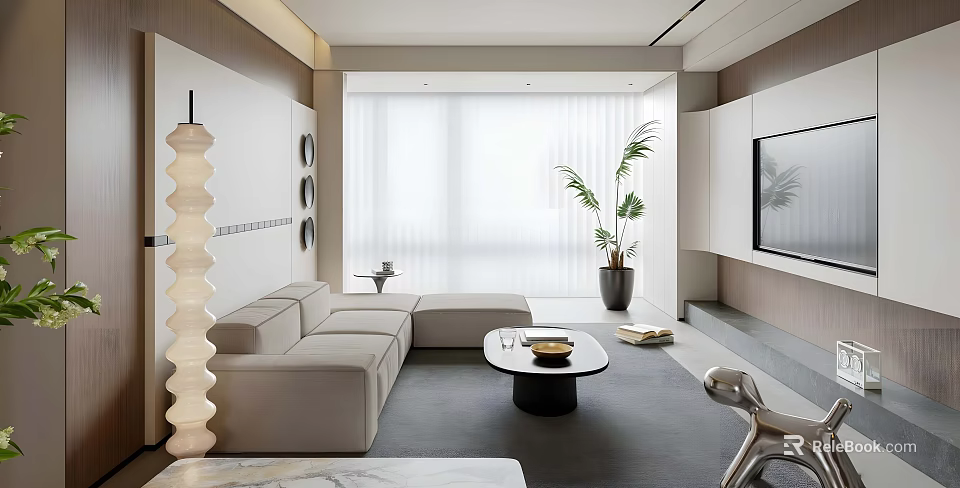 Modern Living Dining Room Interior With Upholstered Sofa Coffee Table Floor Lamp And Potted Plant 3d model 