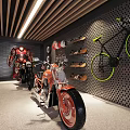 Modern Garage Interior With Orange Sports Car And Neon Light Decorations