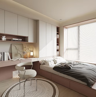 Modern Tatami Bedroom Bed Wardrobe Table Lamp Curtain Carpet Pillow 3d model