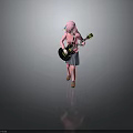 Child With Pink Hair Playing Black Electric Guitar In Pink Top And Gray Skirt