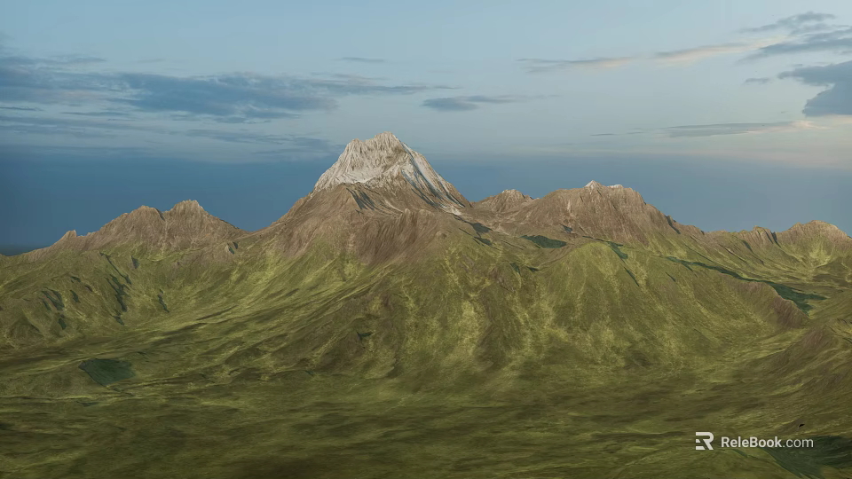 Natural Garden Landscape With Green Mountains Snow Capped Peak Rolling Hills And Cloudy Sky 3d model 