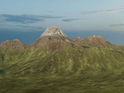 Natural Garden Landscape With Green Mountains Snow Capped Peak Rolling Hills And Cloudy Sky 3d model
