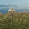 Natural Garden Landscape With Green Mountains Snow Capped Peak Rolling Hills And Cloudy Sky