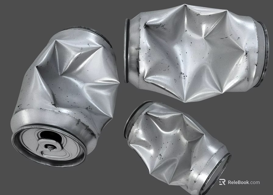 Three Crushed Silver Drink Cans With Metallic Finish In Various Positions 3d model 