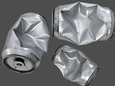 Three Crushed Silver Drink Cans With Metallic Finish In Various Positions 3d model