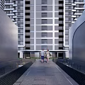 Modern High Rise Residential Landscape With Wooden Lattice Walkway Entrance Area And Greenery Pathway