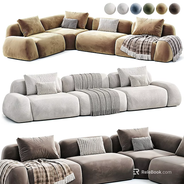 Stylish Sectional Sofa In Various Colors With Plush Cushions And Cozy Throw Blanket 3d model 