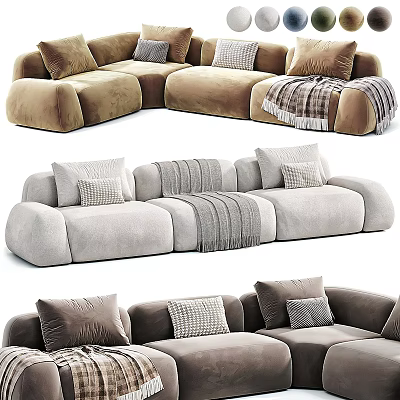 Stylish Sectional Sofa In Various Colors With Plush Cushions And Cozy Throw Blanket 3d model