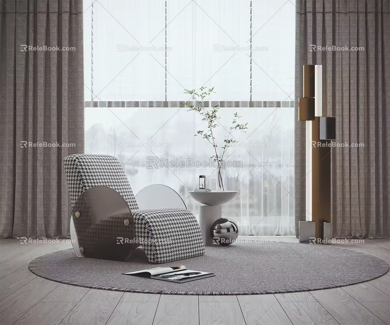 Modern Single Sofa Leisure Chair Recliner Side Table Curtain Combination 3d model